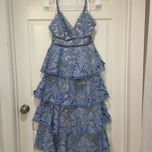 VICI Forever With You Crochet Floral Midi Dress - Dusty Blue